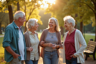Groupe de retraités souriants dans un parc ensoleille