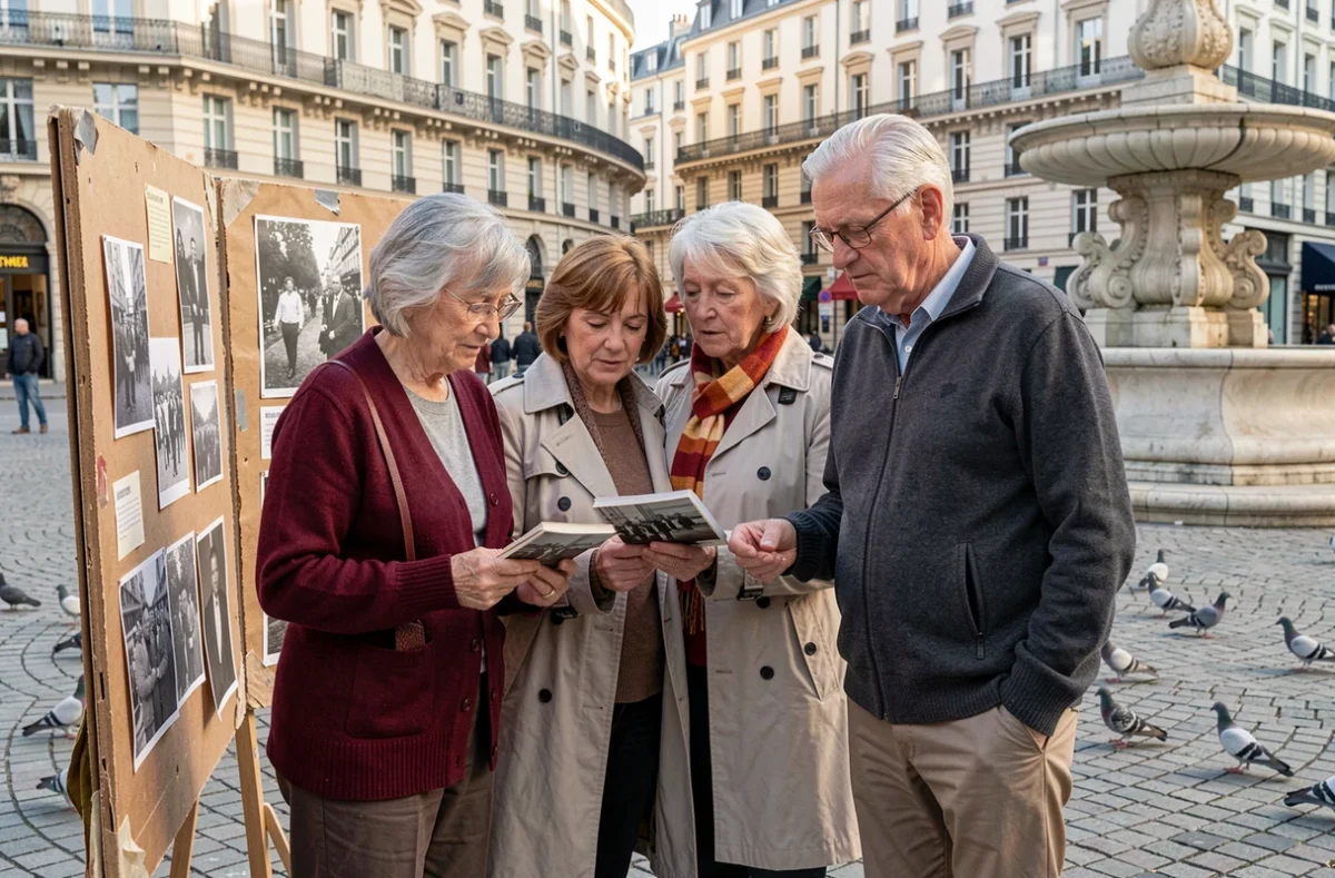 Groupe de seniors lisant une exposition gratuite en plein air dans un quartier parisien