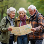 Trois seniors consultent une carte dans un parc urbain