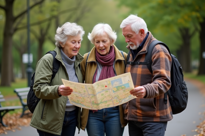 Trois seniors consultent une carte dans un parc urbain