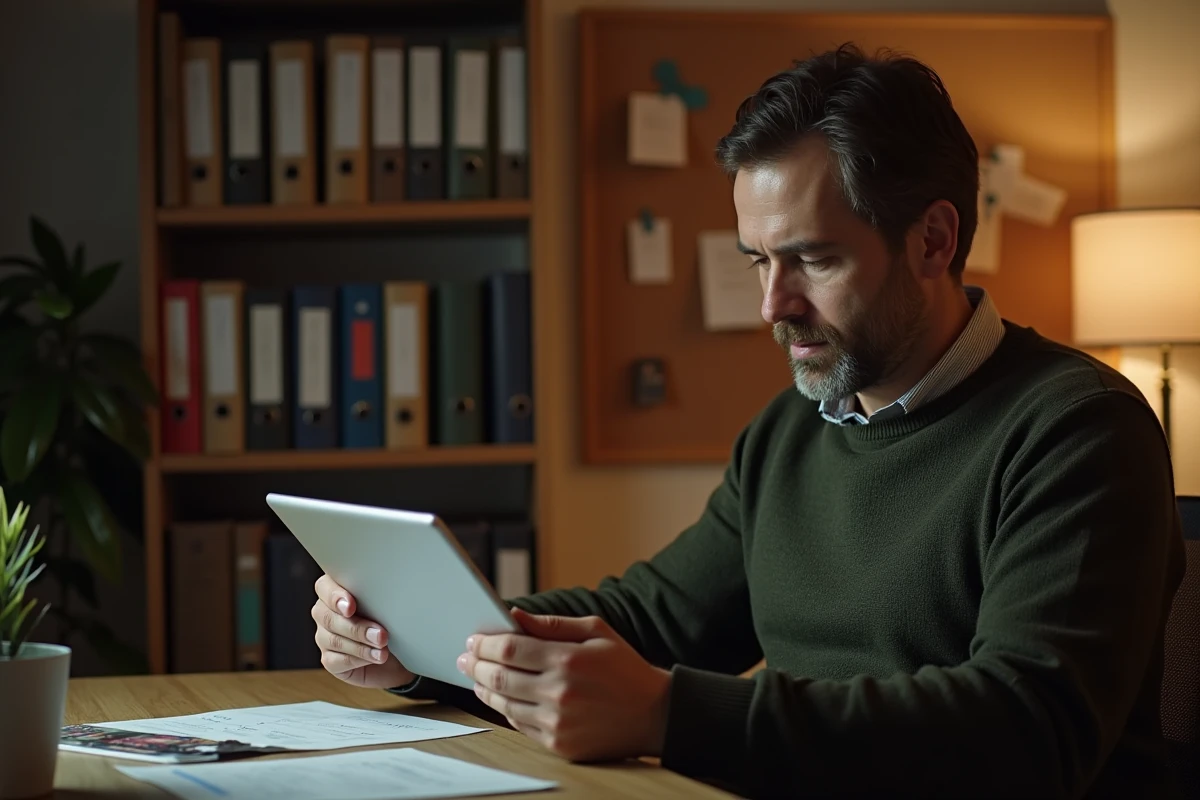Homme suivant un guide de configuration initiale de LogisFil fr sur une tablette dans un bureau à domicile