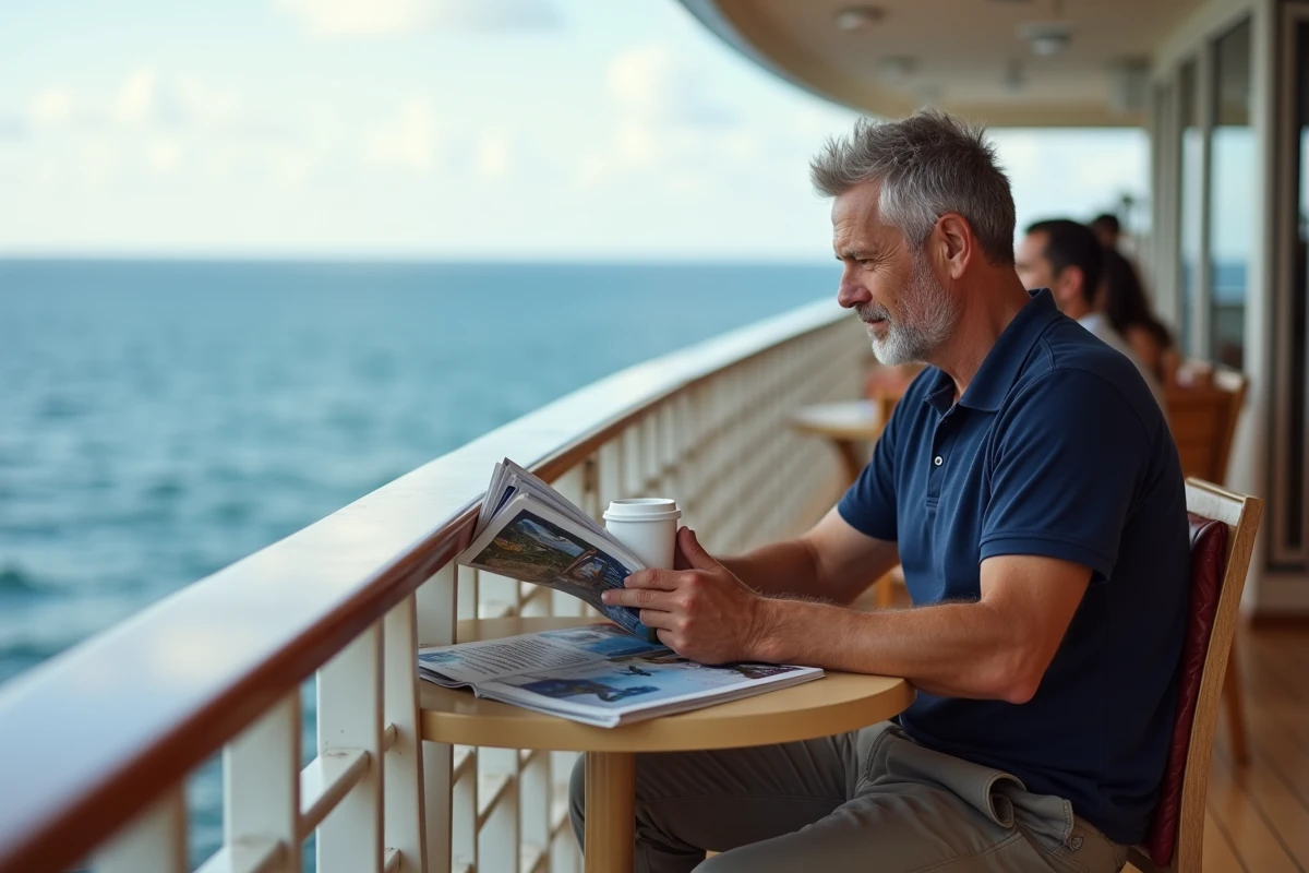 Homme de 55 ans voyageant seul sur une croisière, assis sur le pont avec café et magazine