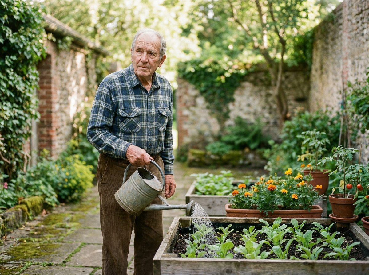 Homme âgé arrosant des jeunes plants dans le jardin extérieur d'une maison de retraite, regard pensif évoquant des souvenirs d'enfance