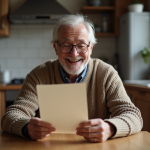Homme âgé souriant avec lettre dans la cuisine chaleureuse