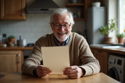 Homme âgé souriant avec lettre dans la cuisine chaleureuse