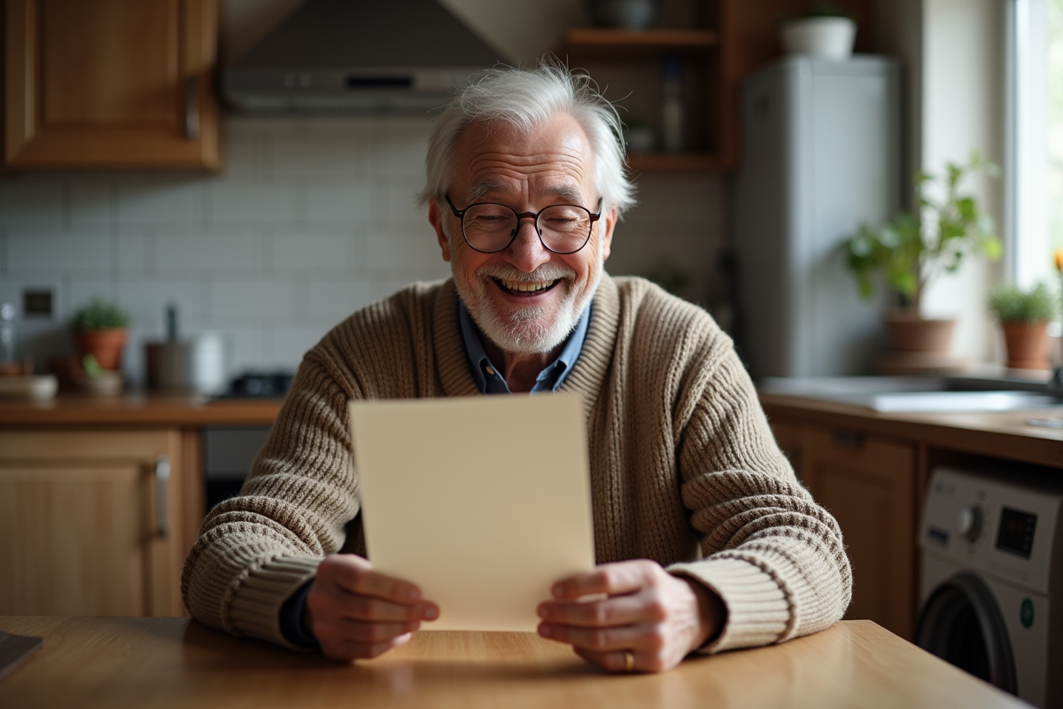 Homme âgé souriant avec lettre dans la cuisine chaleureuse