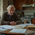 Homme âgé assis à une table avec documents et enveloppe