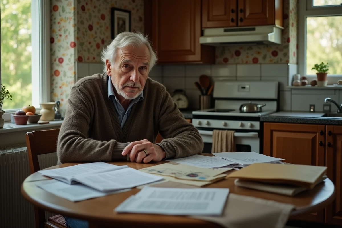 Homme âgé assis à une table avec documents et enveloppe