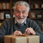 Homme de 70 ans surpris en ouvrant un cadeau dans son salon