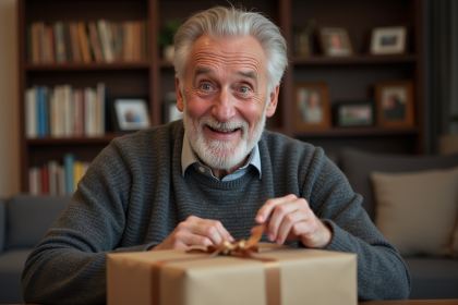 Homme de 70 ans surpris en ouvrant un cadeau dans son salon