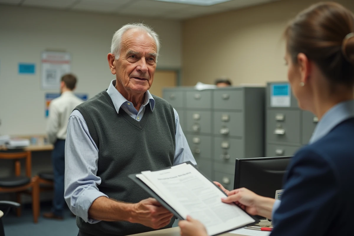 Homme âgé remettant des papiers à un agent social