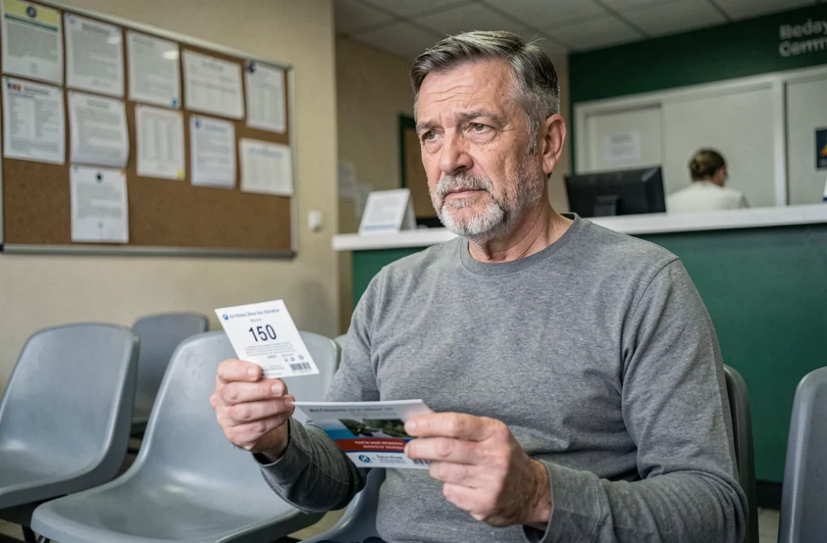 Homme en salle d'attente d'un organisme social tenant un dossier sur la revalorisation de la pension d'invalidité en 2026