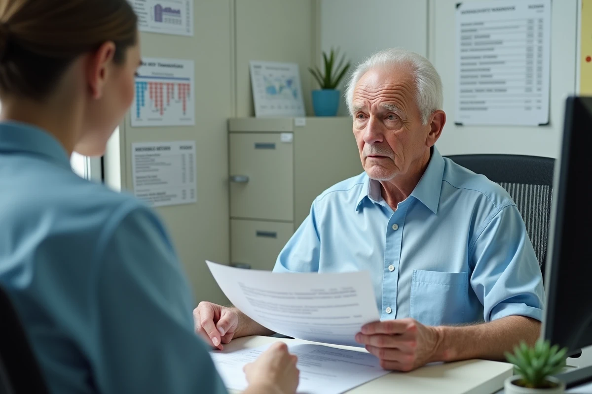 Homme âgé et aidant examinant une facture dans un bureau