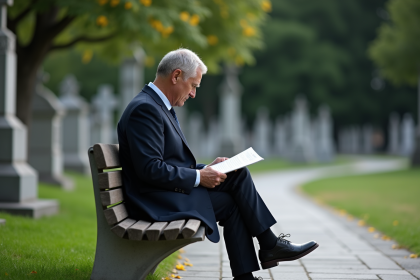 Homme d'âge moyen lisant un document dans un cimetière calme