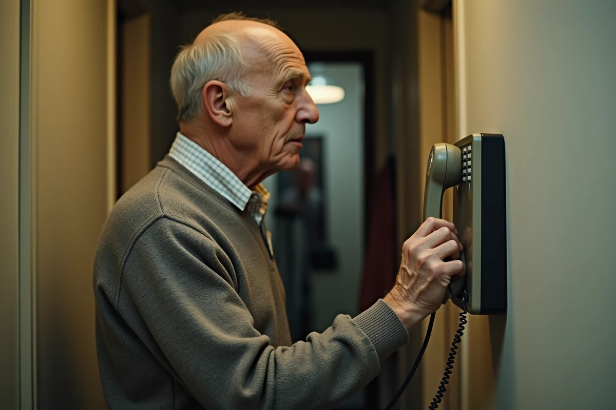 Homme âgé utilisant téléphone fixe dans un couloir modeste