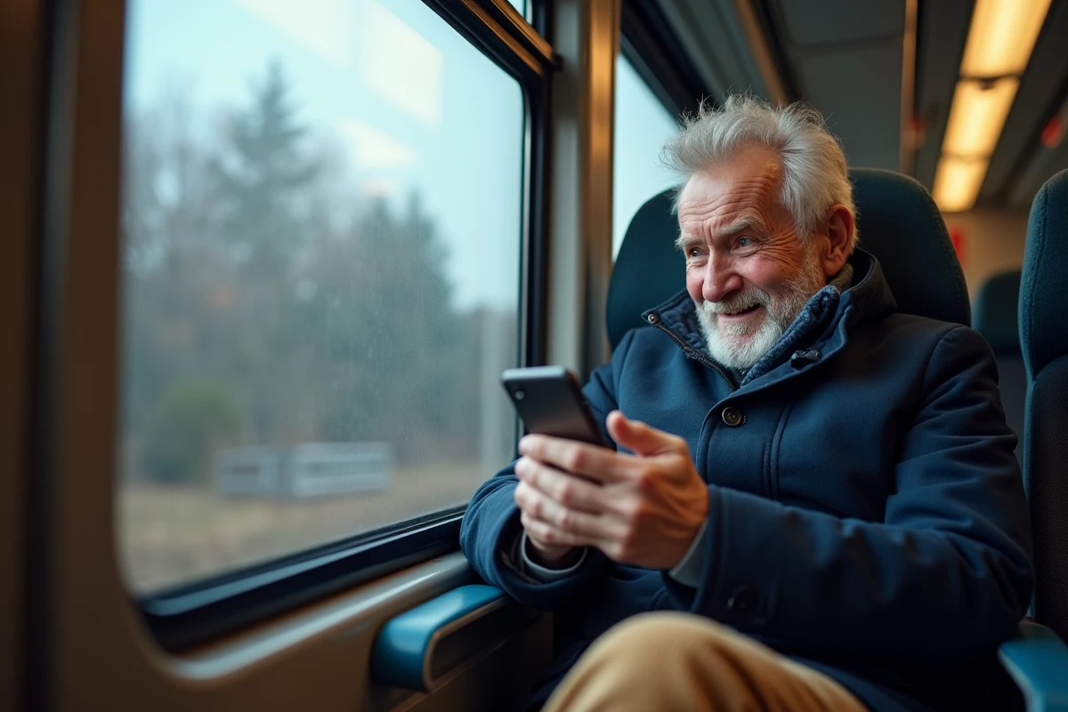 Homme âgé regardant par la fenêtre dans un train moderne