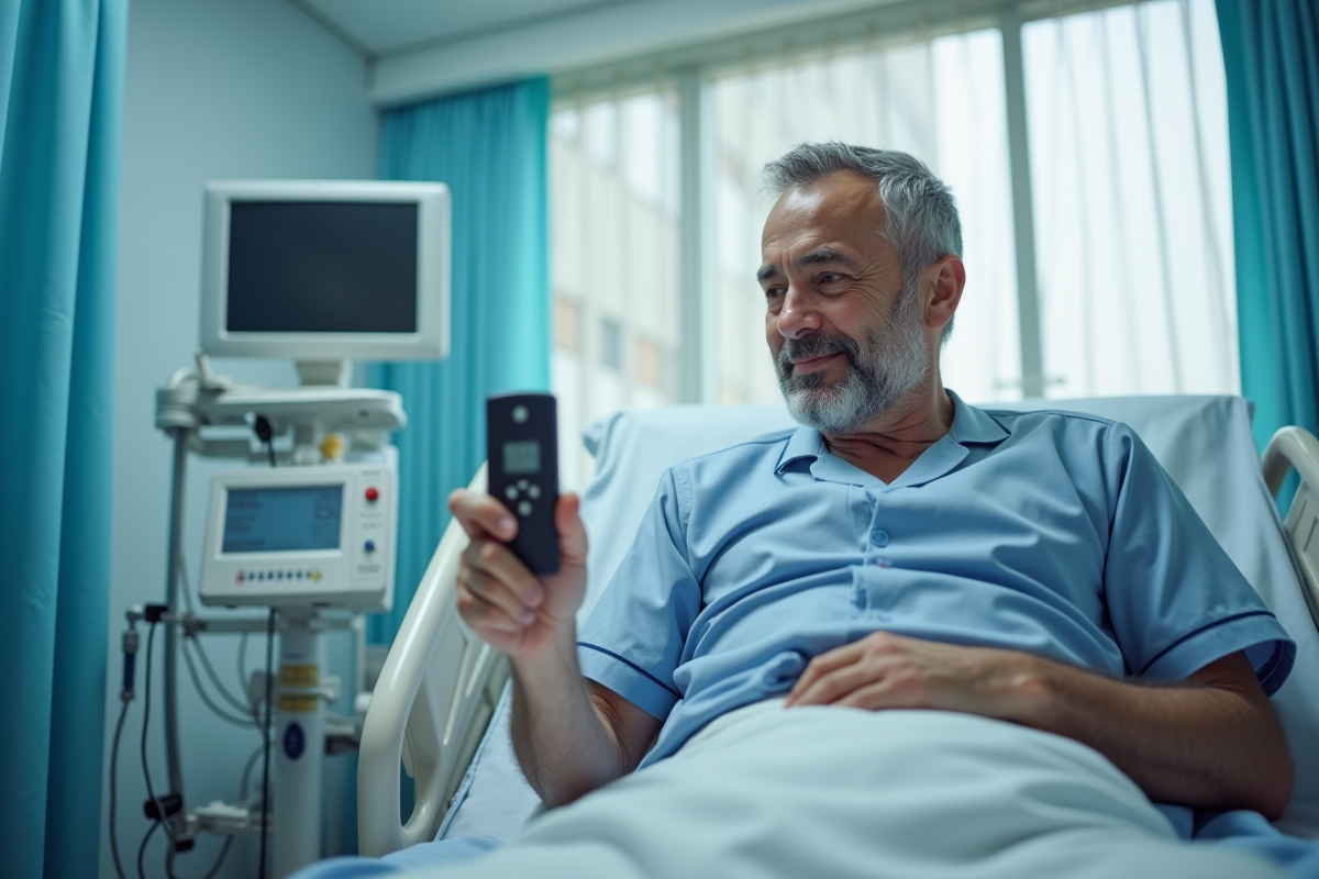 Homme hospitalise ajustant son lit avec une telecommande