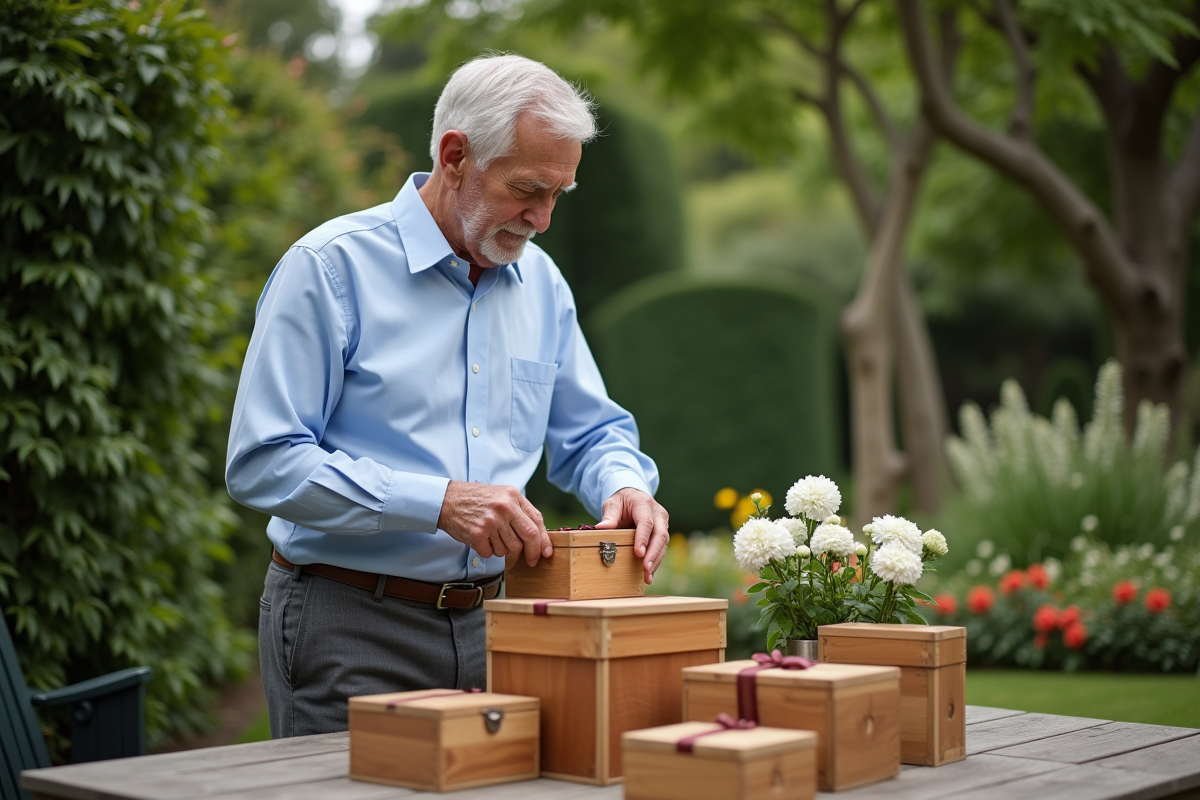 Homme de 70 ans examinant une boîte à montre dans le jardin