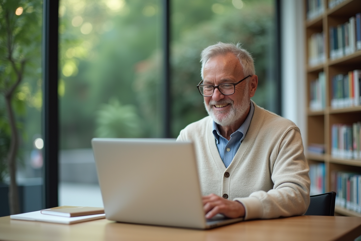 Homme souriant utilisant un ordinateur dans une bibliothèque moderne
