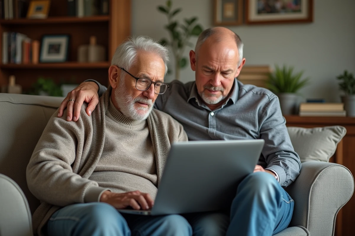 Homme âgé et jeune regardant un ordinateur pour soins seniors