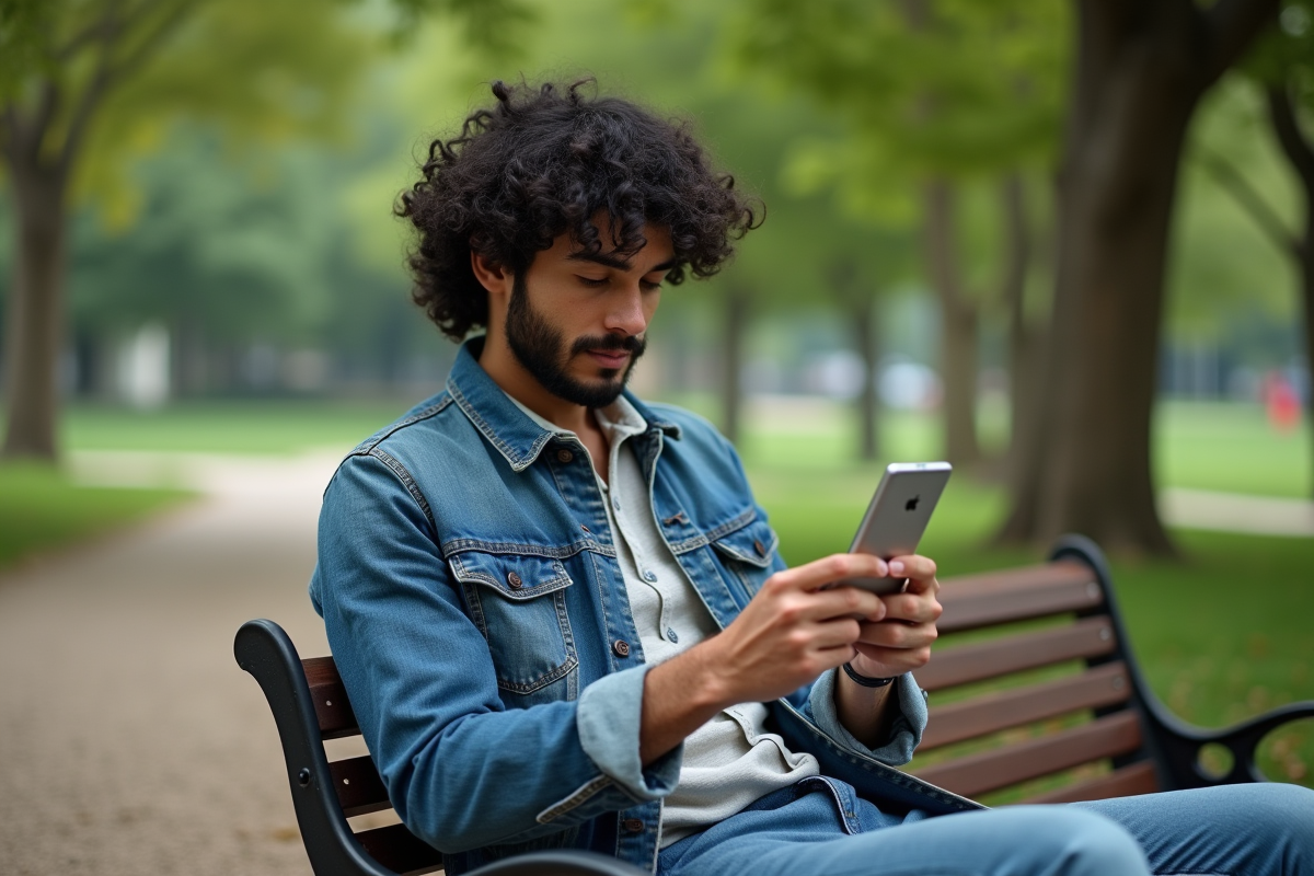 Homme lisant l’étiquette d’un produit capillaire en parc