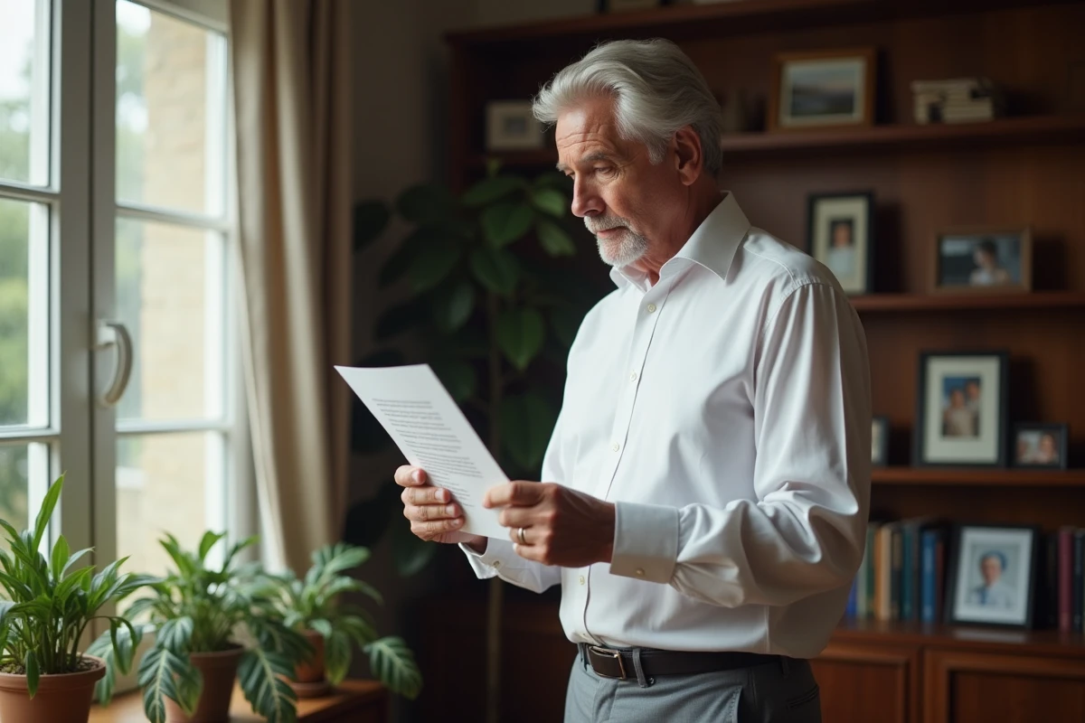 Homme lisant un message de retraite dans un bureau à domicile chaleureux