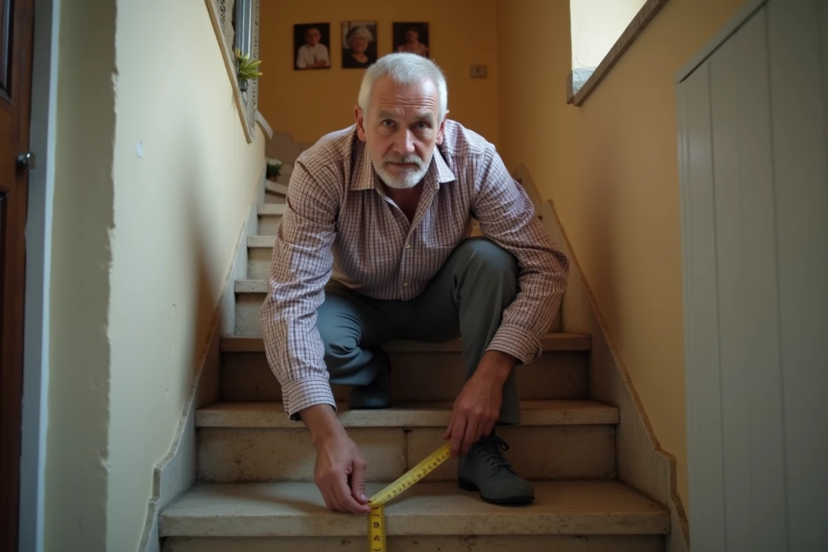 Homme âgé mesurant la largeur d’un escalier dans une maison ancienne