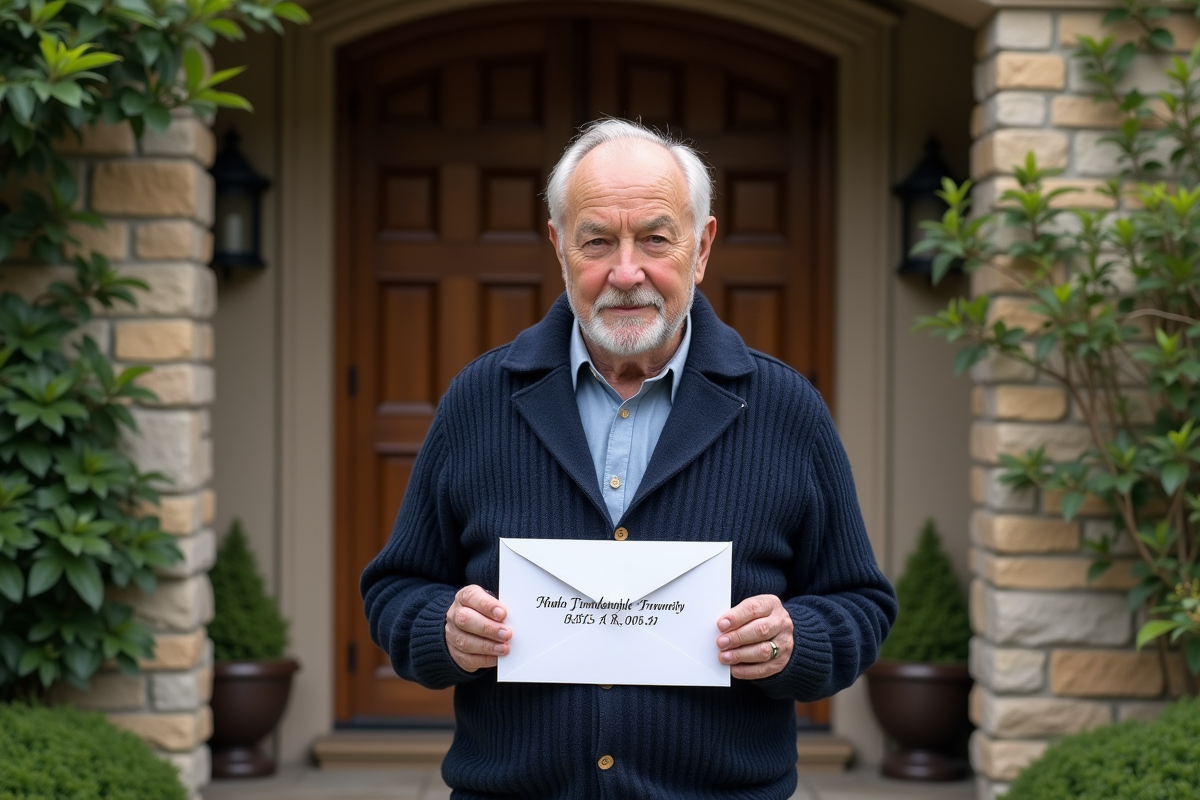 Homme âgé tenant une enveloppe de condoléances devant une maison en pierre
