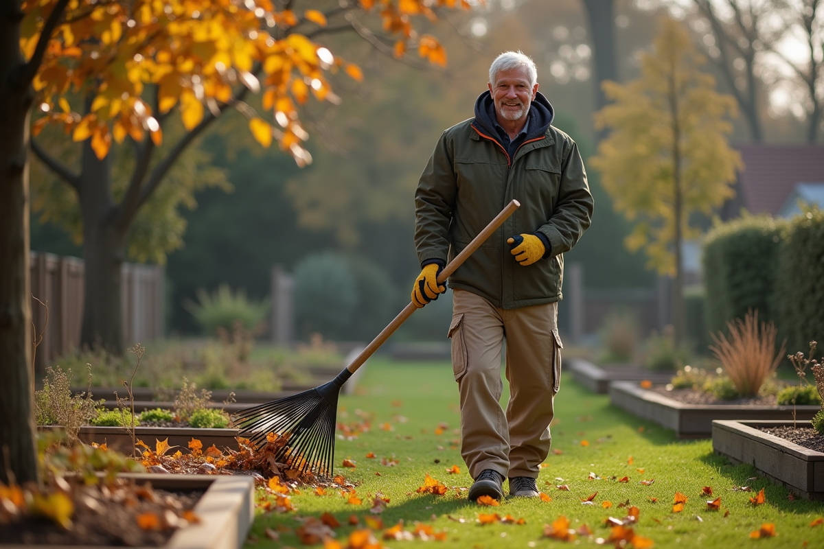 Homme ratisant des feuilles dans un jardin en automne