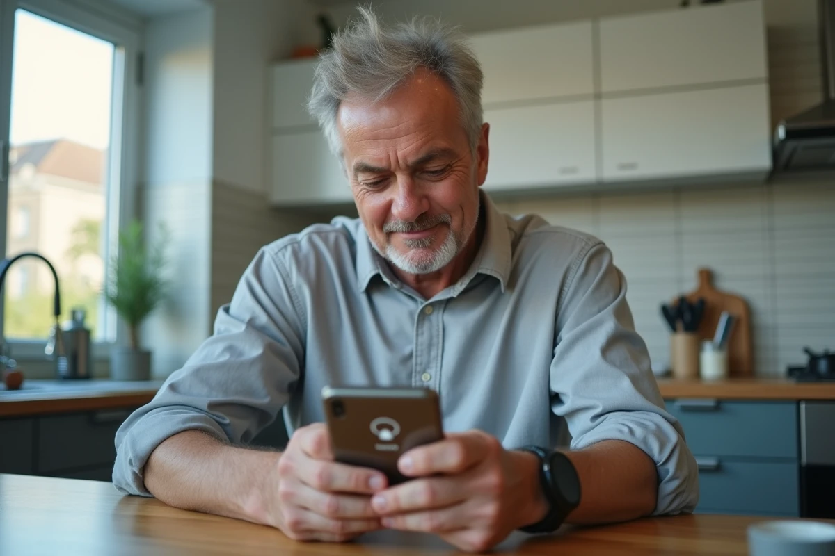 Homme retraité consultant son espace personnel Agirc Arrco via France Connect sur smartphone dans une cuisine moderne