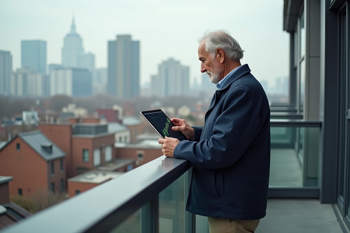 Homme retraité regardant des graphiques boursiers sur une tablette en balcon urbain