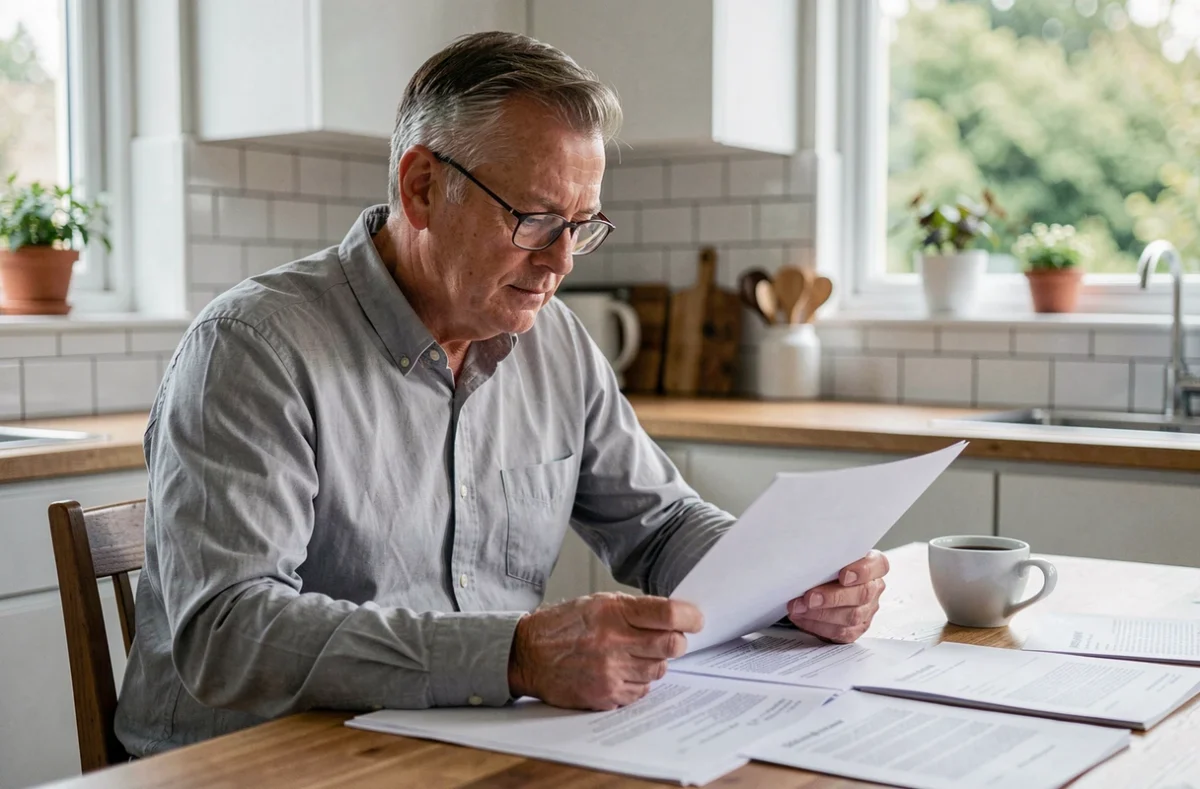 Homme retraité relisant des documents administratifs sur lettre de départ retraite et solde de congés payés à la maison