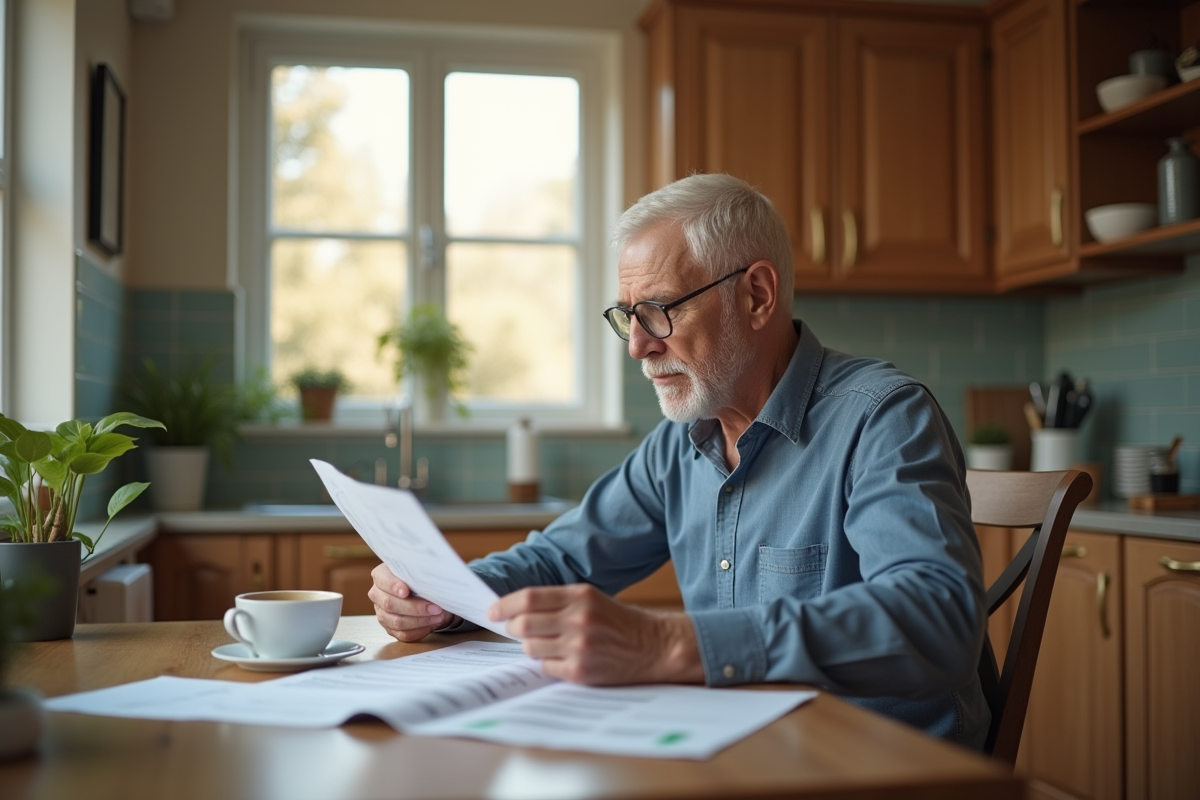 Retraite homme lisant des papiers financiers à la maison