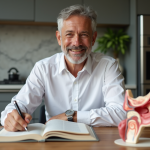 Homme d'âge moyen souriant près d'un modèle d'oreille