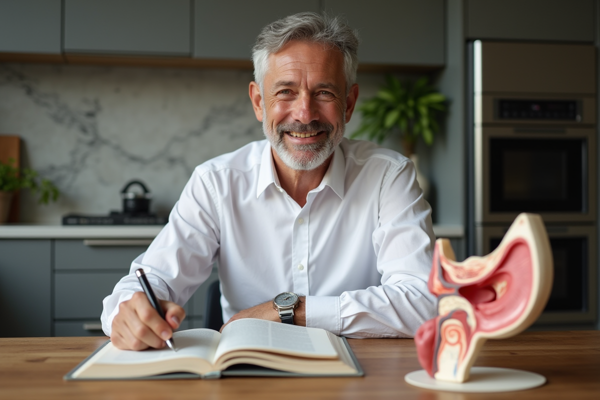 Homme d'âge moyen souriant près d'un modèle d'oreille