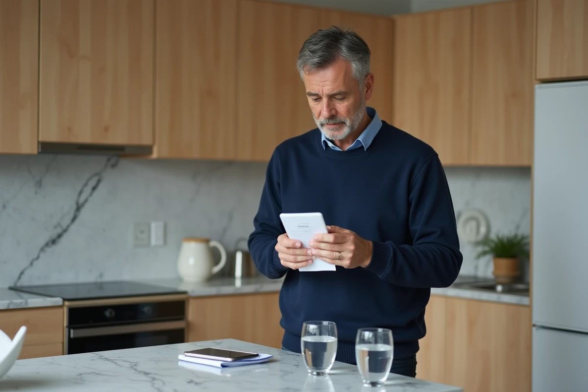 Homme numérisant un justificatif de dépense avec son smartphone dans une cuisine moderne pour centraliser ses finances