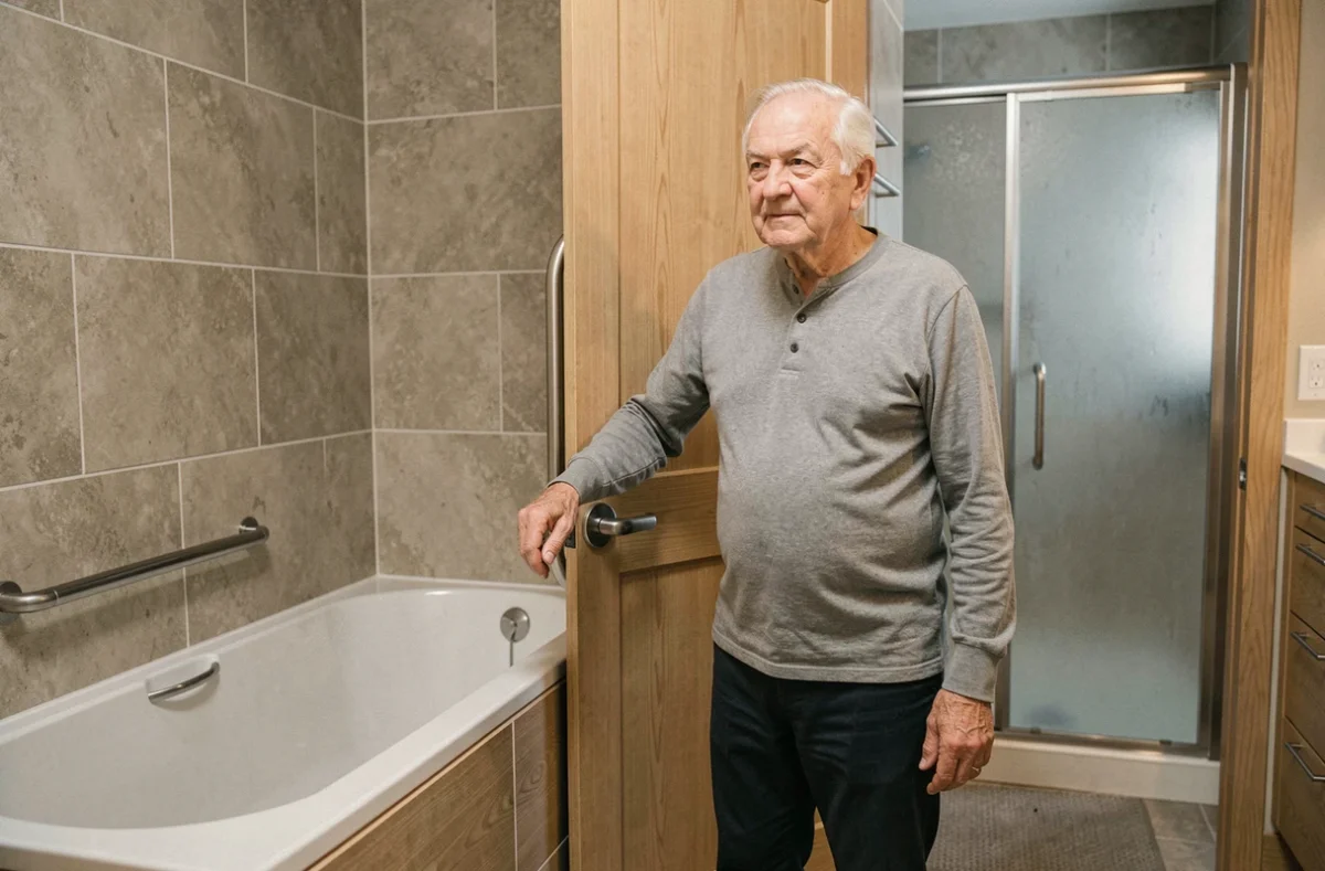 Homme senior autonome debout à côté d'une baignoire à porte avec barre d'appui dans une salle de bain PMR moderne et adaptée