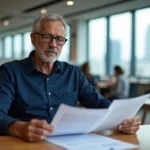 Homme senior de 62 ans examinant un contrat CDI senior dans un bureau moderne, incarnant le dilemme de l'emploi après 60 ans