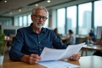 Homme senior de 62 ans examinant un contrat CDI senior dans un bureau moderne, incarnant le dilemme de l'emploi après 60 ans