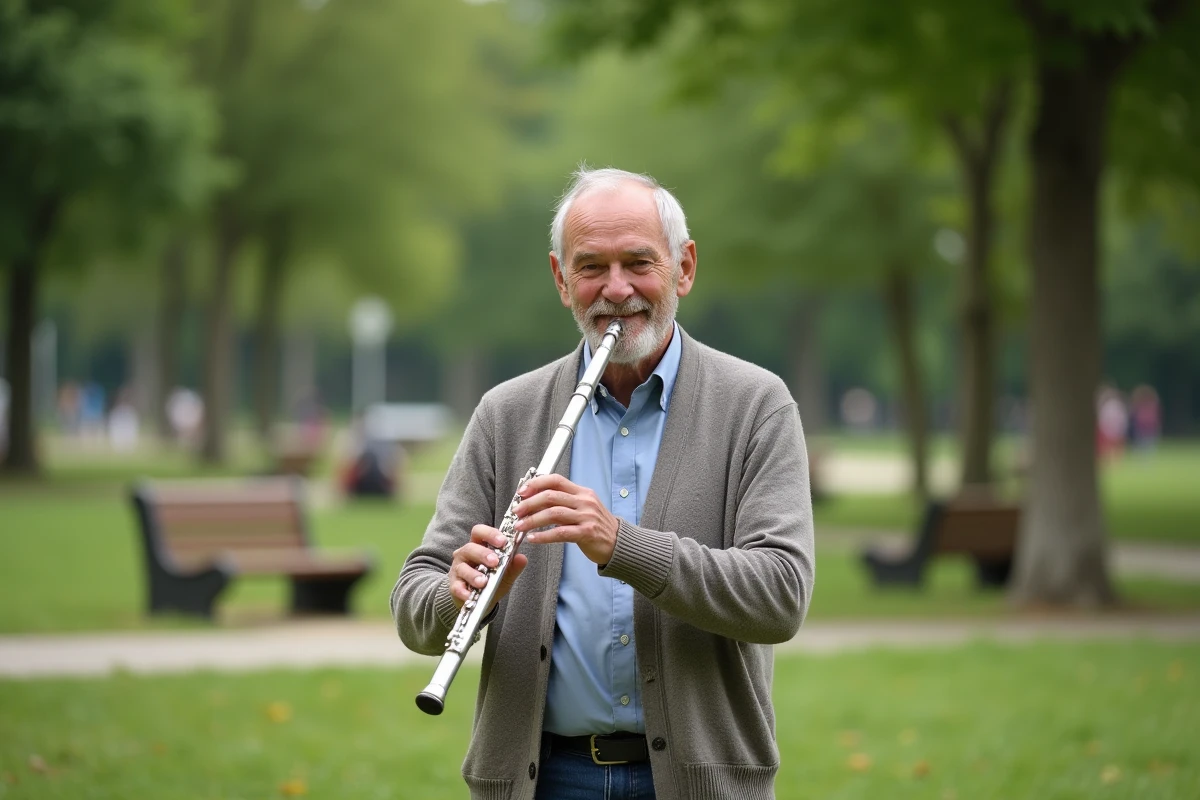 Senior homme jouant de la flûte dans un parc verdoyant