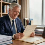 Homme senior lisant un long discours de départ à la retraite dans un bureau professionnel