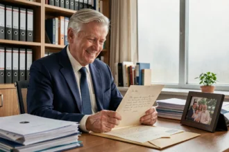 Homme senior lisant un long discours de départ à la retraite dans un bureau professionnel