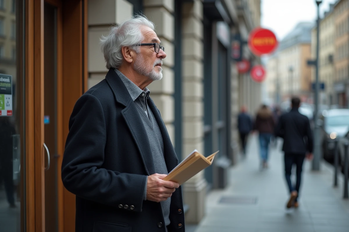Homme âgé avec documents devant Pôle emploi en ville