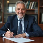 Homme senior en costume signant une lettre de retraite