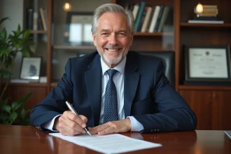 Homme senior en costume signant une lettre de retraite