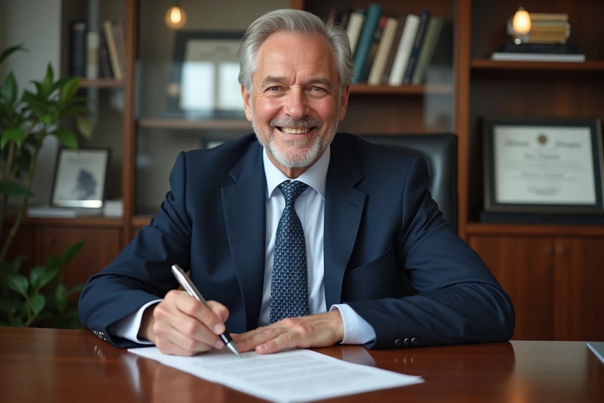 Homme senior en costume signant une lettre de retraite
