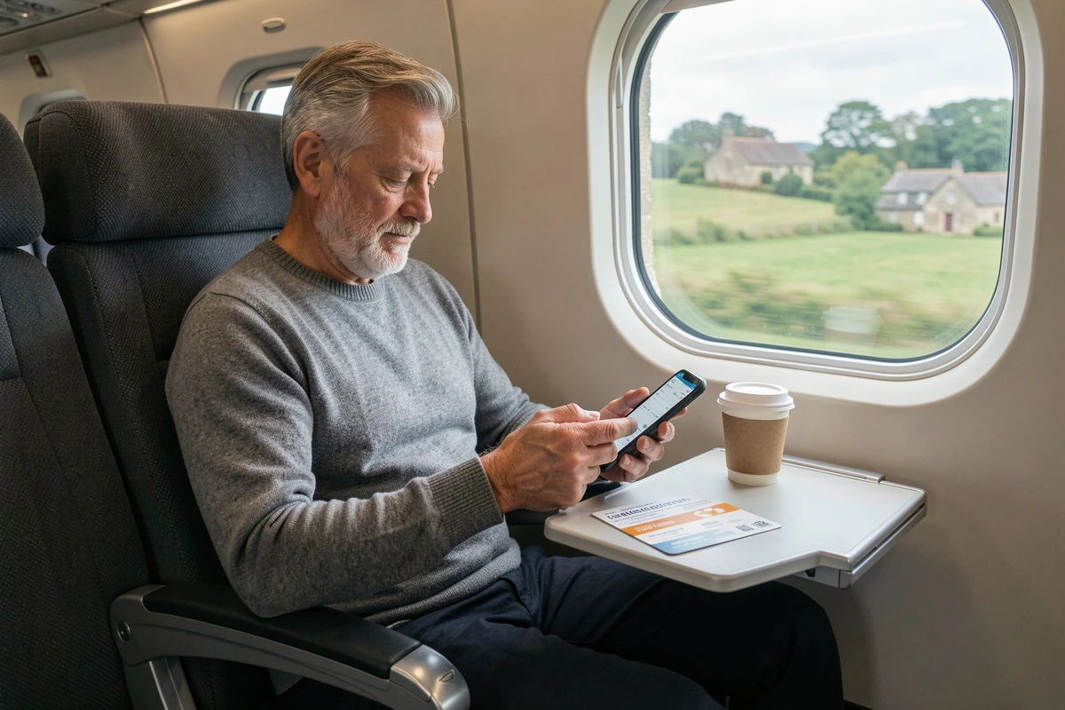 Homme âgé comparant les tarifs de train avec une carte senior avantages dans un TGV