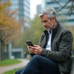 Homme d'âge moyen avec smartphone dans un parc urbain