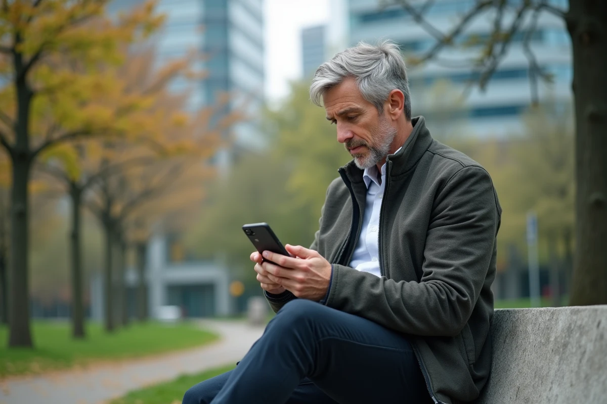 Homme d'âge moyen avec smartphone dans un parc urbain