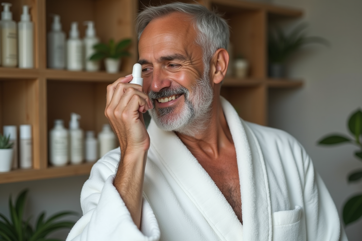 Homme mature appliquant serum dans spa intérieur